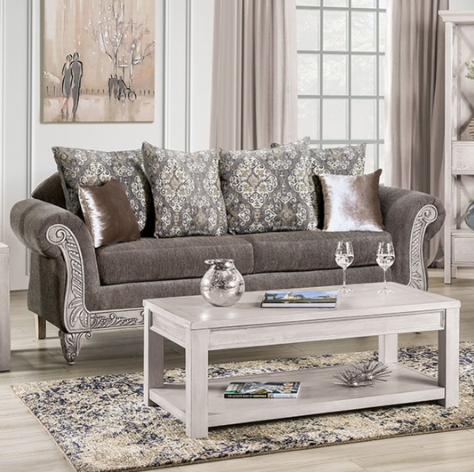 Velletri Traditional Chenille Rolled Arm Sofa - Warm Grey/Weathered White