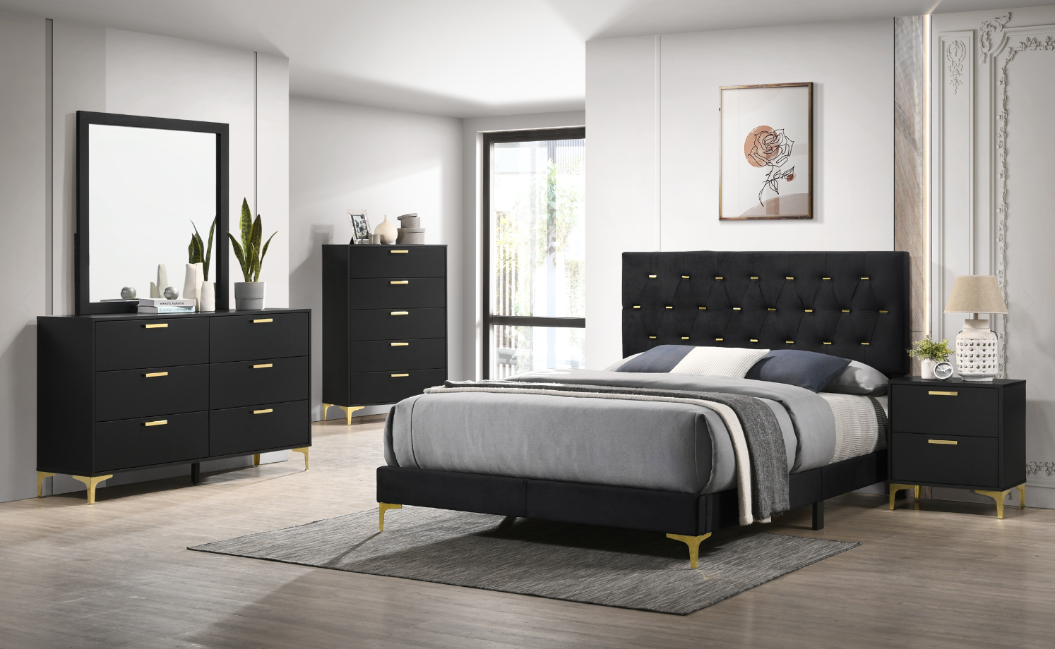 Kendall Velvet Panel Bed in Black & Gold - King