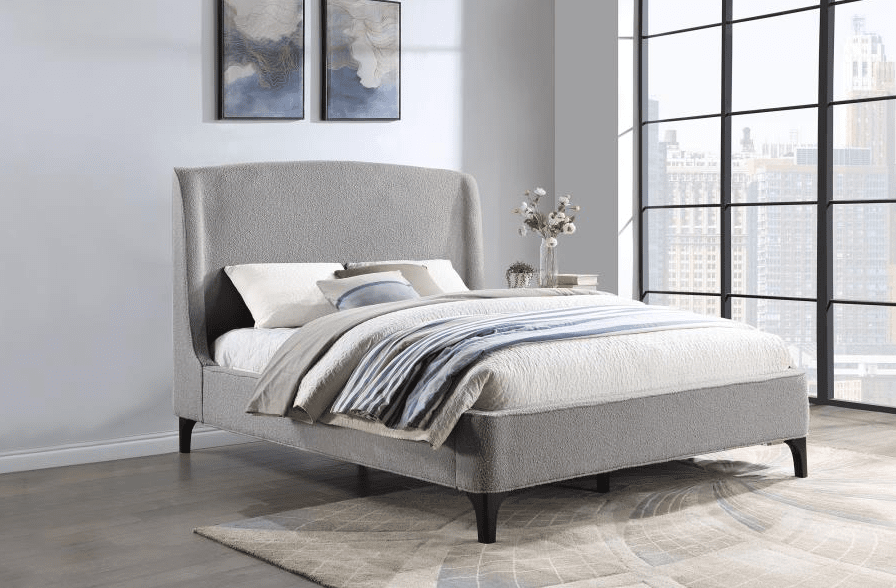 Mosby King Platform Bed with Curved Headboard in Light Gray Boucle Fabric