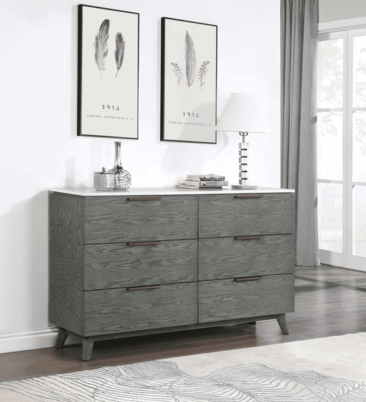 Nathan 6-drawer Dresser White Marble and Grey