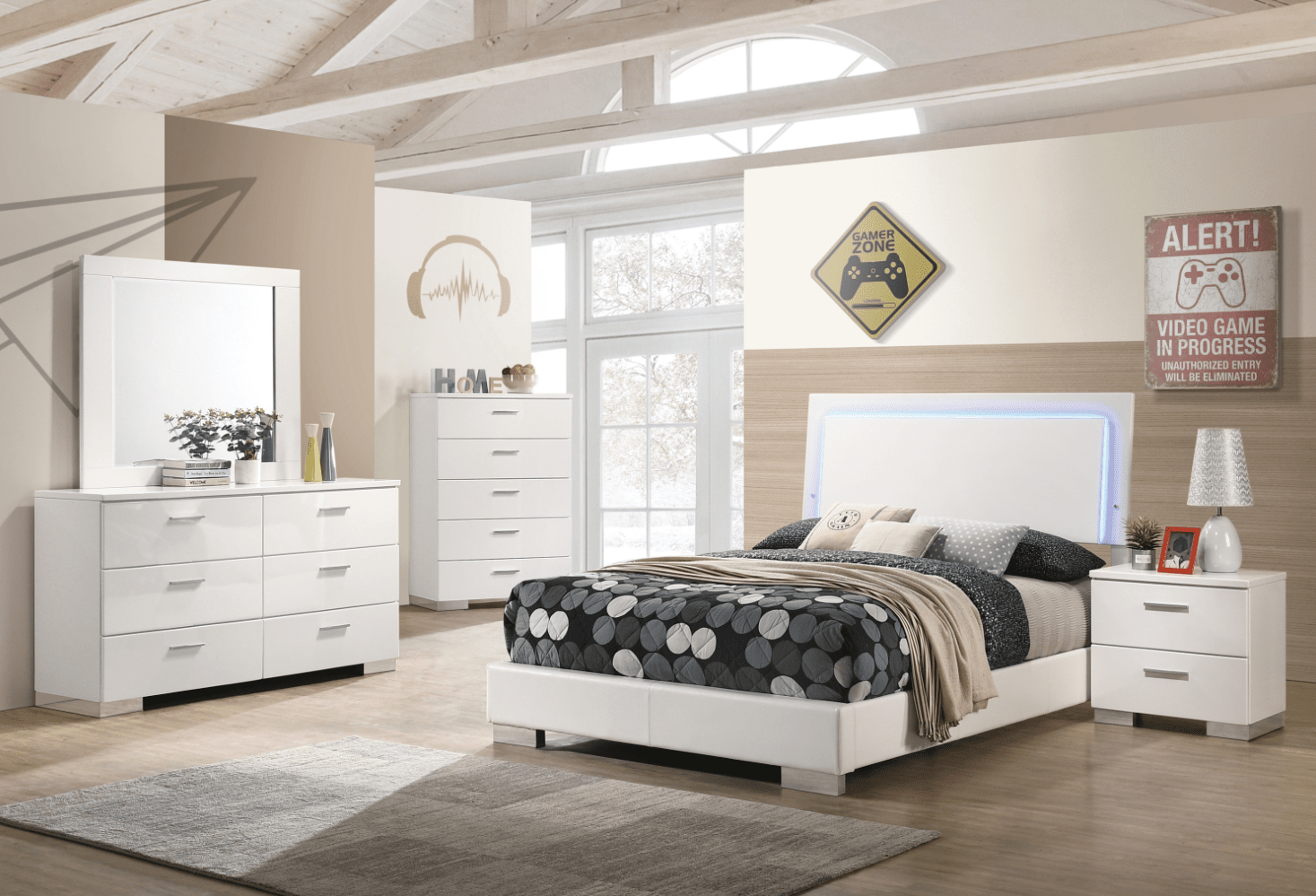 Roxbury Modern White Low Profile Full Bed with LED Lighting