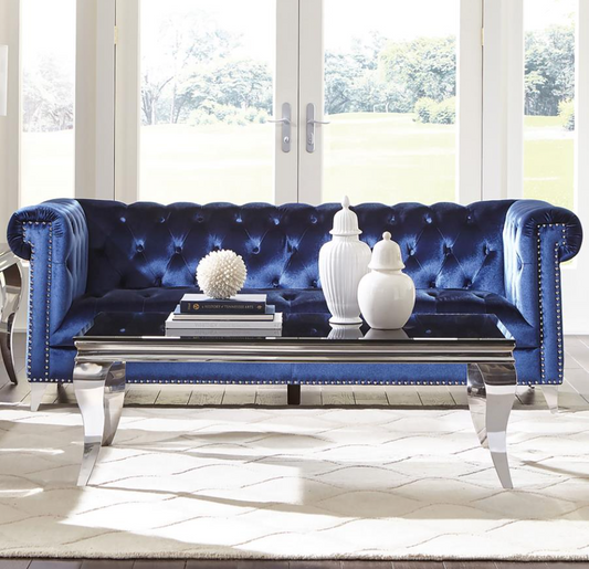 Bleker Tufted Tuxedo Arm Sofa in Blue Velvet