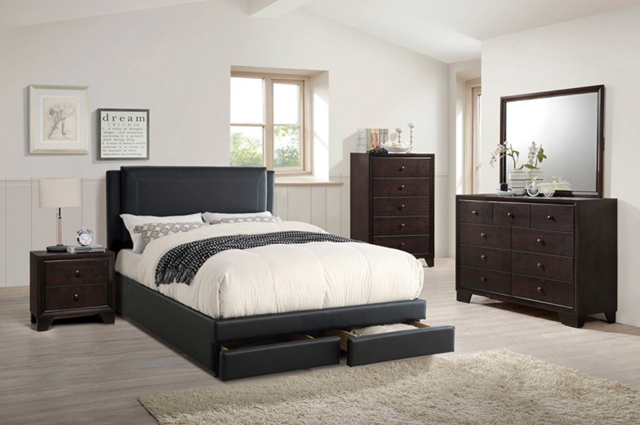 Modern King Black PU Leather Platform Storage Bed