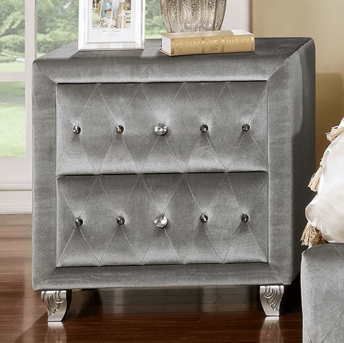 Alzir Gray Velvet Glam Nightstand with Carved Silver Feet