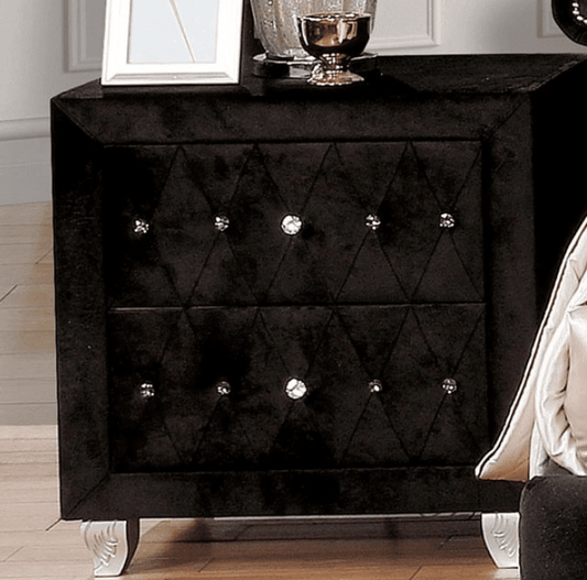 Alzir Black Velvet Glam Nightstand with Carved Silver Feet