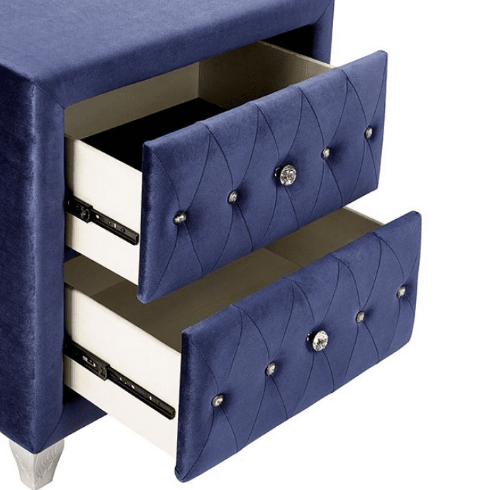 Alzir Blue Velvet Glam Nightstand with Carved Silver Feet