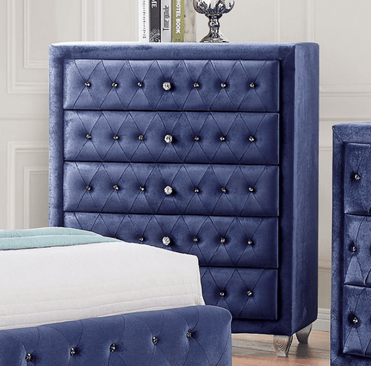 Alzir Blue Velvet Glam Chest with Carved Silver Feet