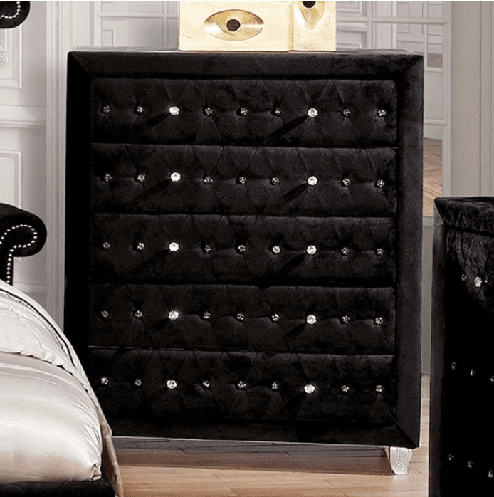 Alzir Black Velvet Glam Chest with Carved Silver Feet