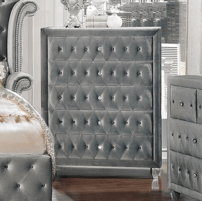 Alzir Gray Velvet Glam Chest with Carved Silver Feet