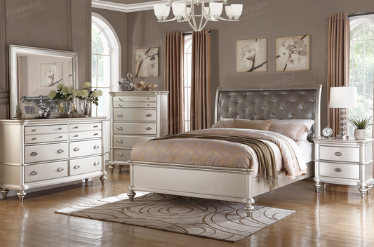 Tinsel Queen Size Glam Bedroom Set with Button Tufted Headboard - Silver