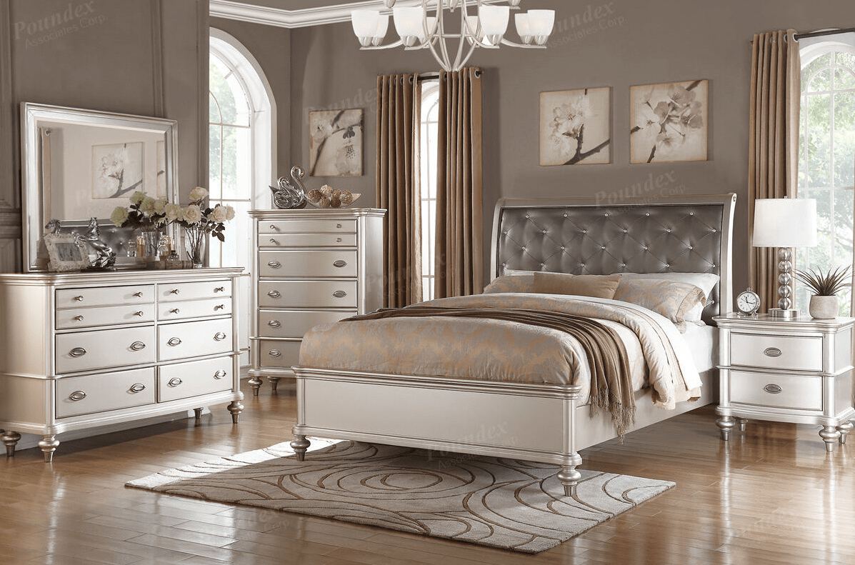 Tinsel Queen Size Glam Bed with Button Tufted Headboard - Silver