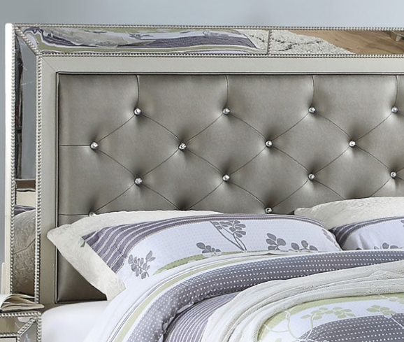 Dali Queen Size Glam Bedroom Set with Button Tufted Headboard - Silver & Mirror