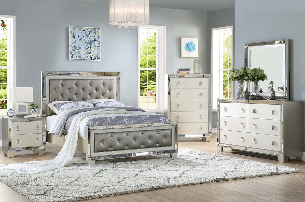 Dali Queen Size Glam Bedroom Set with Button Tufted Headboard - Silver & Mirror