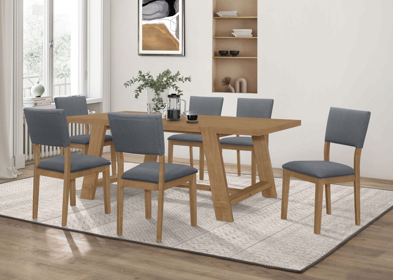 Sharon 7-Piece Rectangular Trestle Base Dining Table Set Blue And Brown