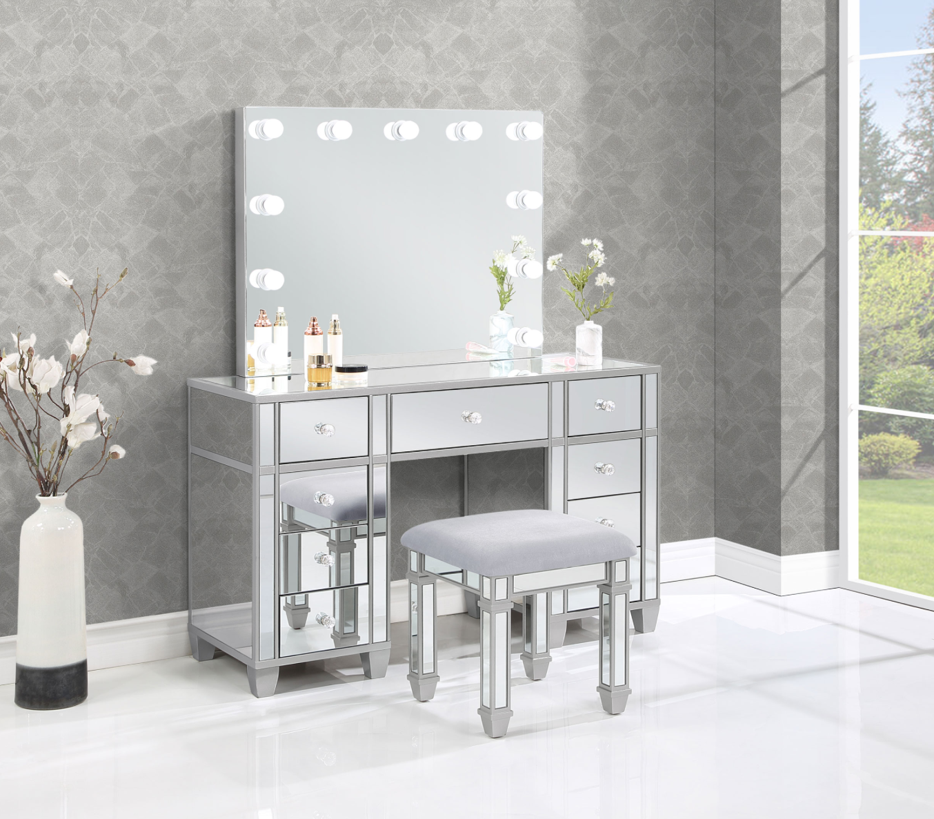 Allora 9-Drawer Mirrored Storage Vanity Set With Hollywood Lighting Metallic