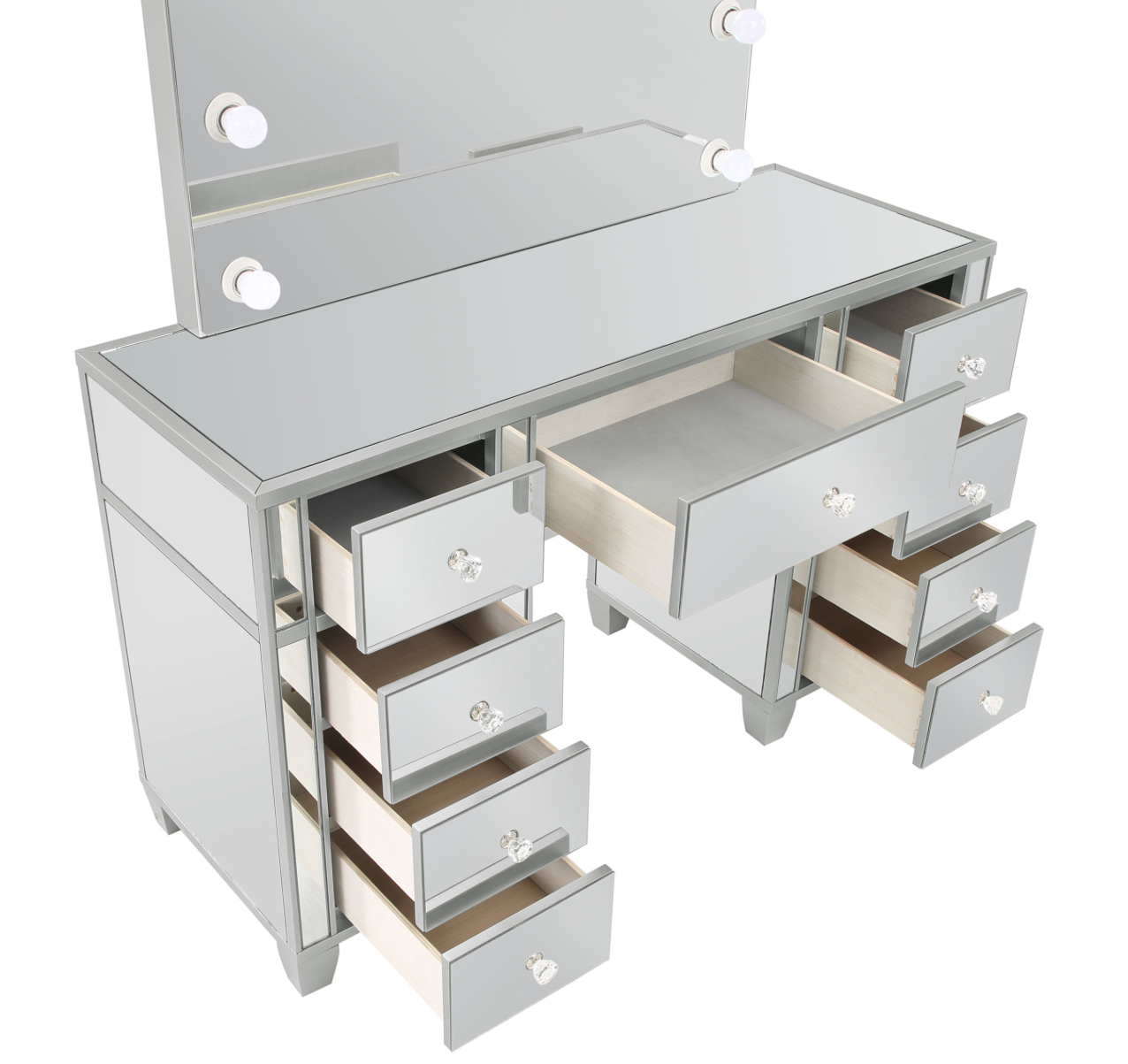 Allora 9-Drawer Mirrored Storage Vanity Set With Hollywood Lighting Metallic