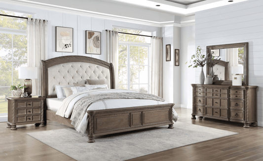 Emmett Tufted Headboard Queen Panel Bedroom Set - Walnut And Beige