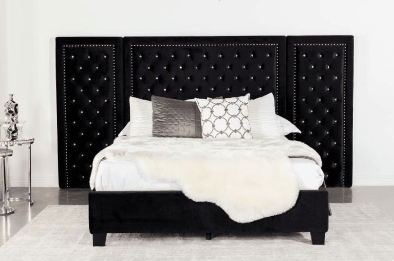 Hailey Upholstered Platform Queen Bed With Wall Panel Black