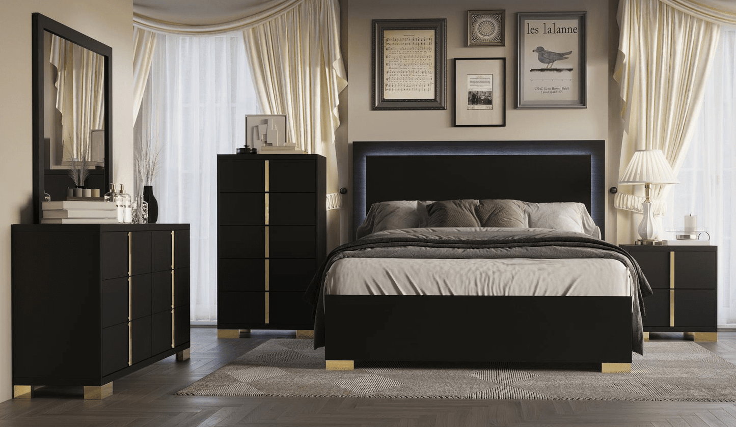 Marceline Full Bed with LED Lighted Headboard - Black & Gold