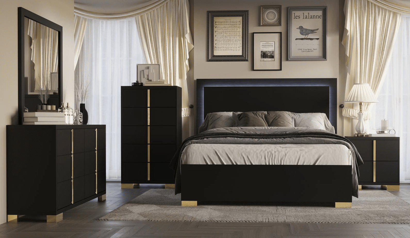 Marceline Full Bed with LED Lighted Headboard - Black & Gold