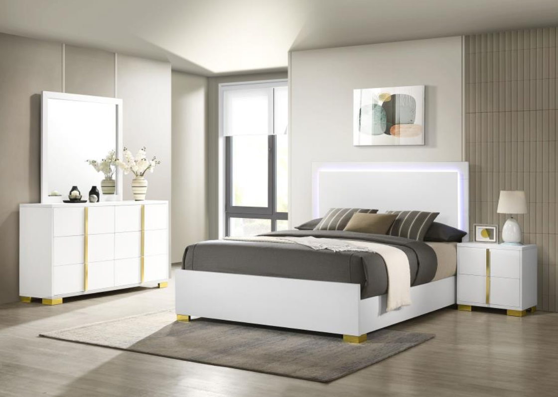 Marceline Queen Bed with LED Lighted Headboard - White & Gold