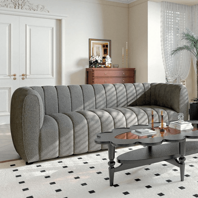 Aversa Contemporary Channel Tufted Sofa & Loveseat Set - Gray Boucle