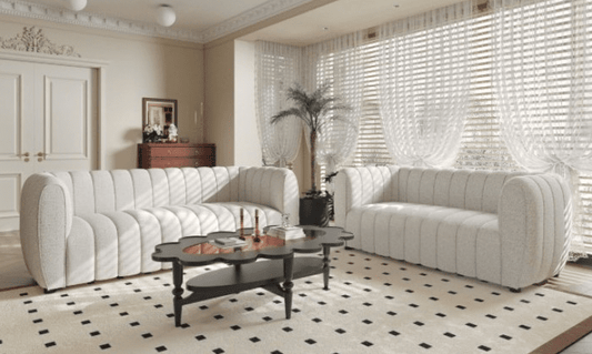 Aversa Contemporary Channel Tufted Sofa & Loveseat Set - Off-White Boucle