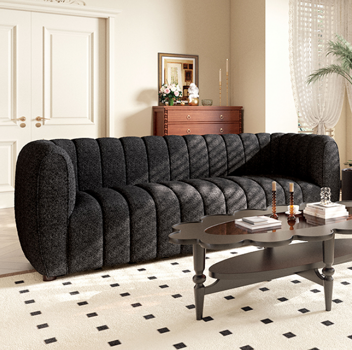 Aversa Contemporary Channel Tufted Sofa & Loveseat Set - Black Boucle