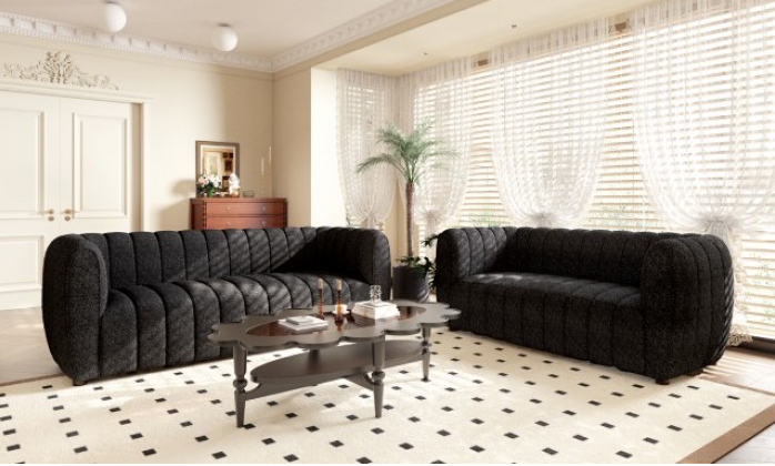 Aversa Contemporary Channel Tufted Sofa - Black Boucle