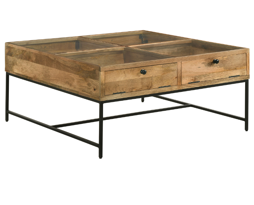 Stephie 4-Drawer Square Clear Glass Top Coffee Table Honey Brown