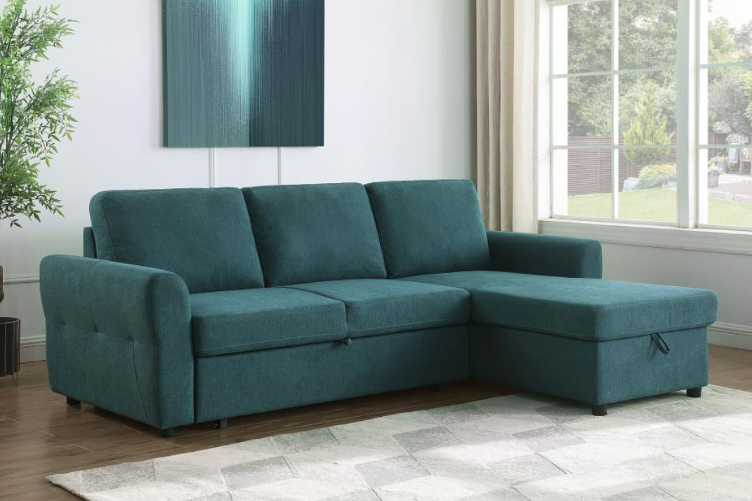 Samantha Upholstered Sleeper Sectional with Storage Chaise - Teal