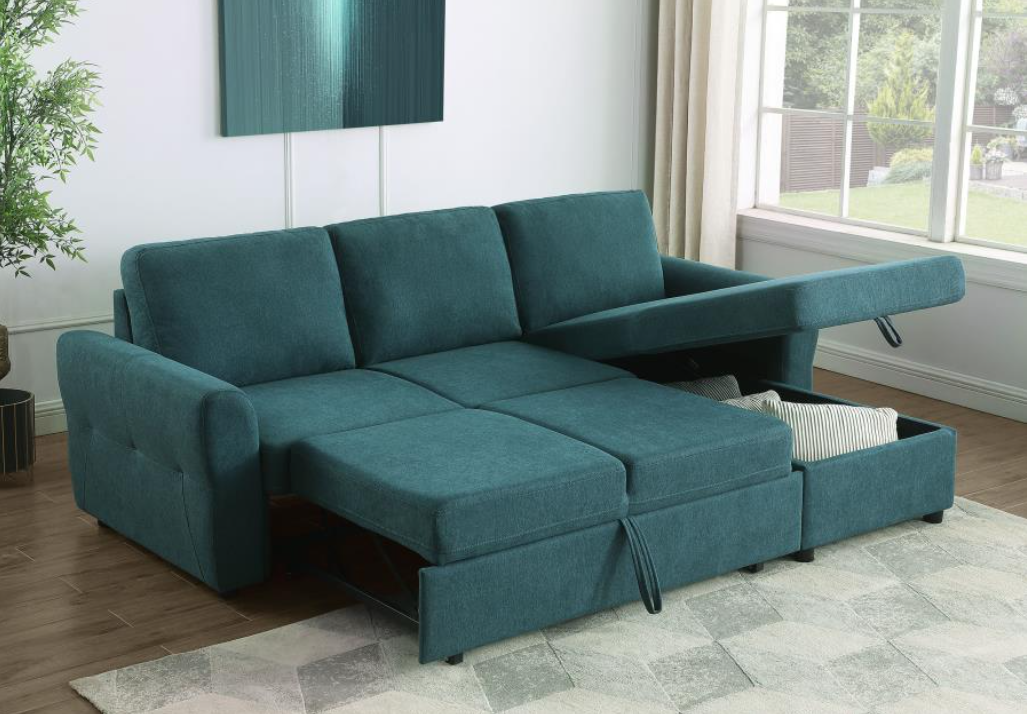 Samantha Upholstered Sleeper Sectional with Storage Chaise - Teal