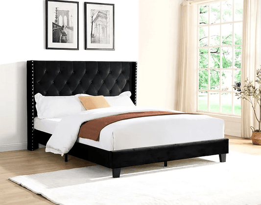 Jenny Black Velvet Demi-Wing Platform Bed - Charmax USA