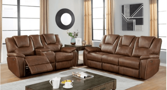 Ffion Transitional Leatherette Power Motion Sofa & Loveseat Set - Brown