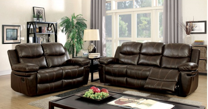 Listowel Transitional Brown Leather Reclining Sofa & Loveseat Set