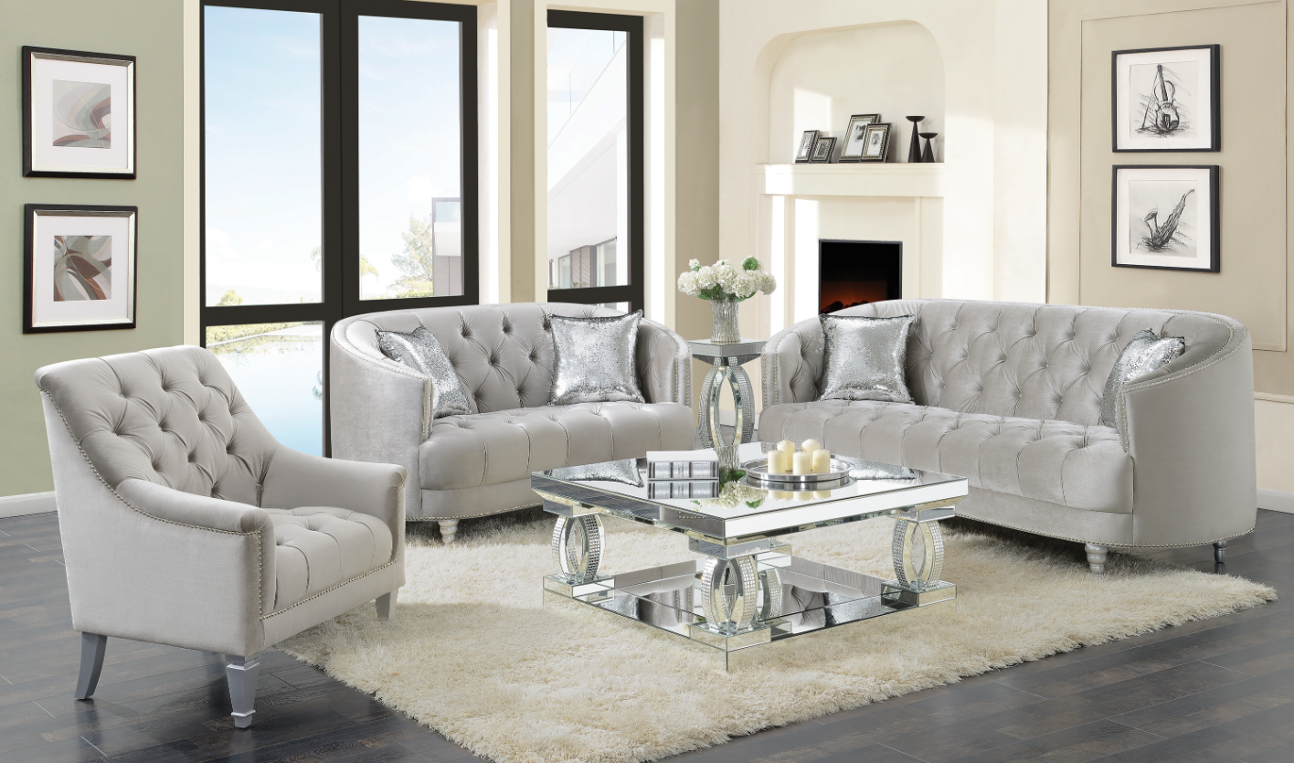 Avonlea II Tufted Gray Velvet "C" Shape Sofa & Loveseat Set w- Silver Feet