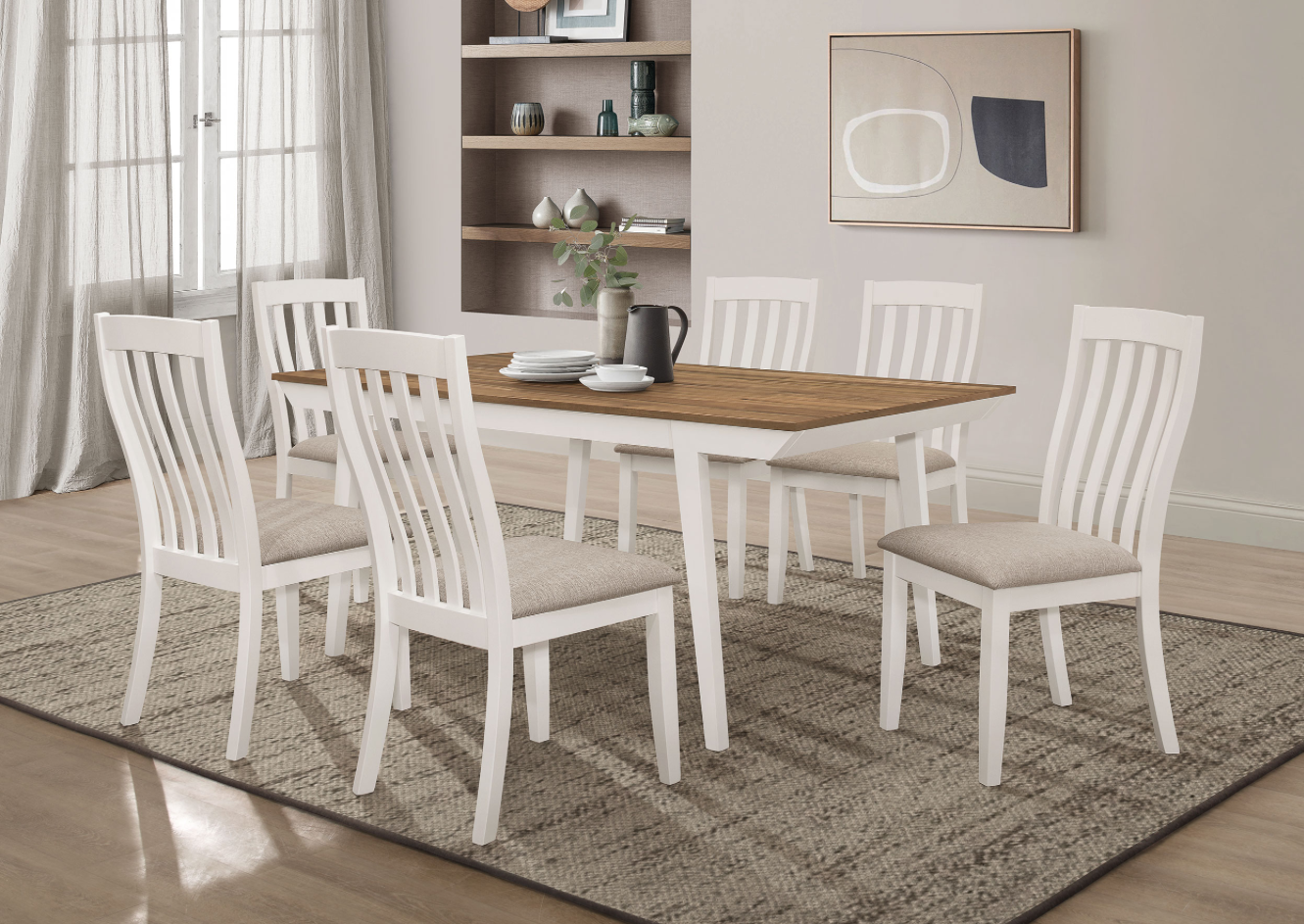 Nogales 7-Piece Rectangular Dining Table Set Natural Acacia And Off White