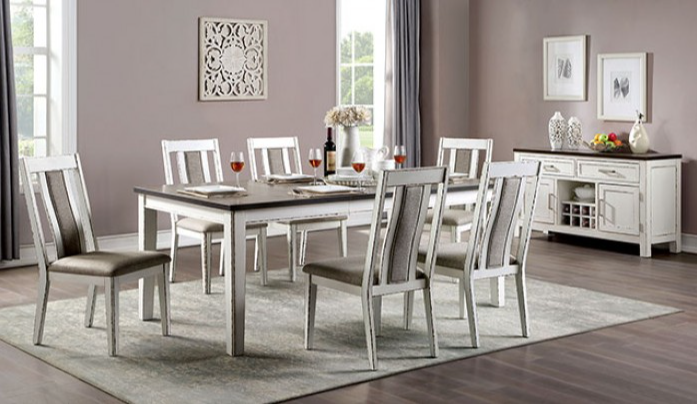 Halsey 7-Piece Rustic Dining Set - Weathered White & Dark Walnut