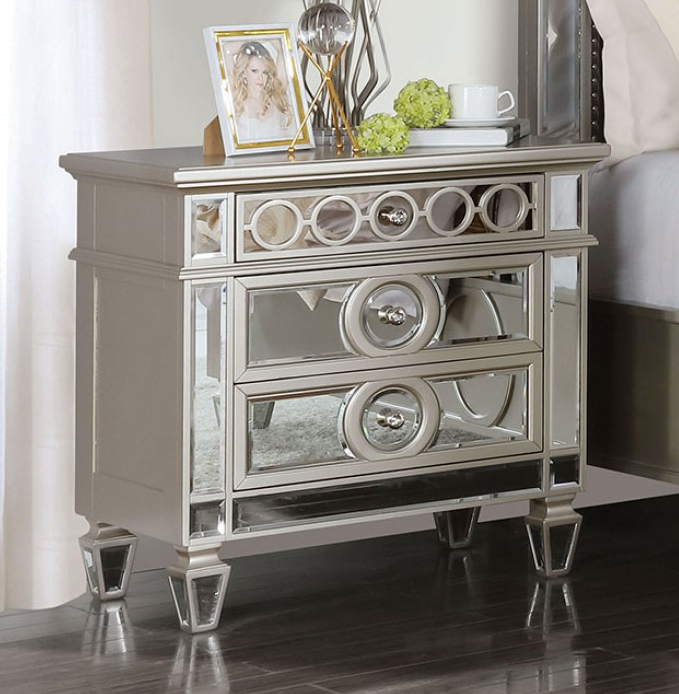 Marseille 3-Drawer Glam Nightstand - Champagne & Mirror