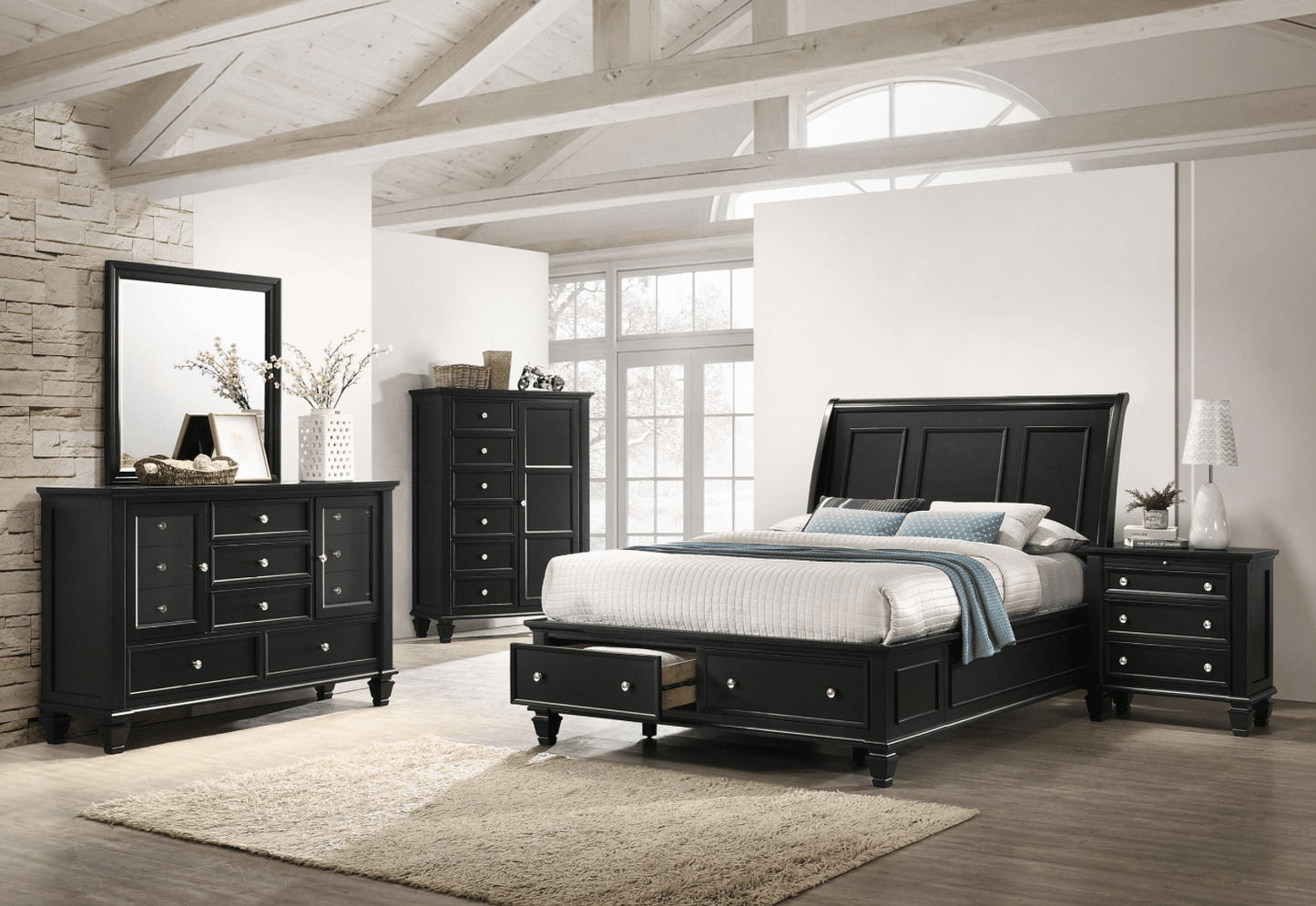 Sandy Beach Deep Black Finish Cottage Style King Bedroom Set