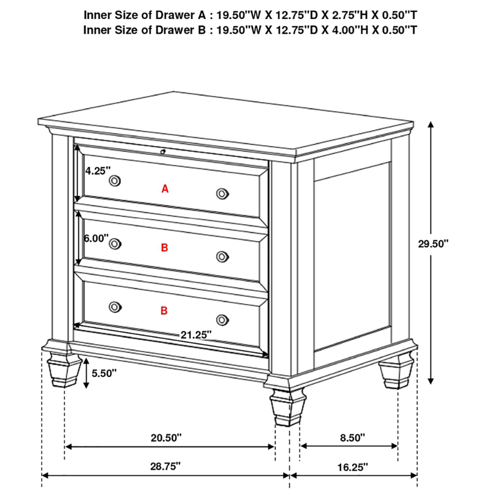 Sandy Beach II Black Finish 3-Drawer Nightstand with Tray