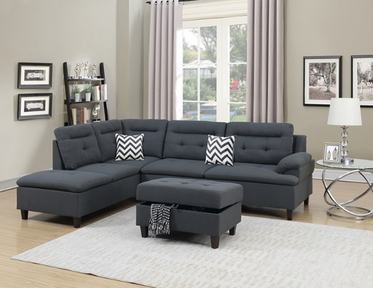 Connie 3-Piece Sectional & Storage Ottoman Set w/ Pillows - Charcoal