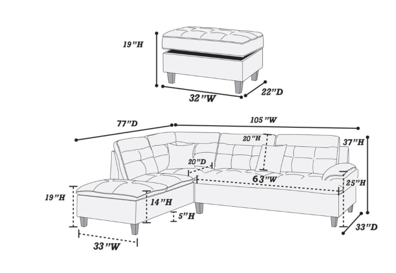 Connie 3-Piece Sectional & Storage Ottoman Set w/ Pillows - Black