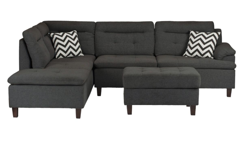 Connie 3-Piece Sectional & Storage Ottoman Set w/ Pillows - Charcoal