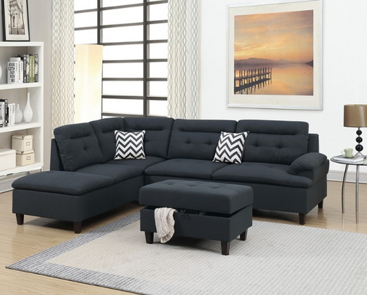 Connie 3-Piece Sectional & Storage Ottoman Set w/ Pillows - Black