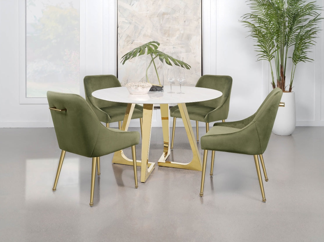 Gwynn 5PC Round Dining Set with Marble Top and Stainless Steel Base White and Gold