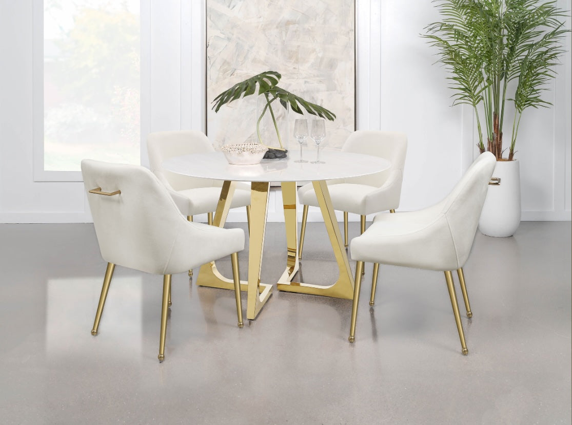 Gwynn 5PC Round Dining Set with Marble Top and Stainless Steel Base White and Gold