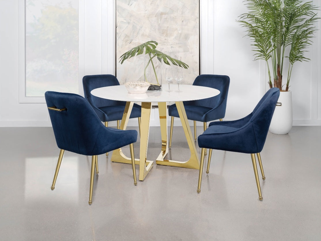 Gwynn 5PC Round Dining Set with Marble Top and Stainless Steel Base White and Gold