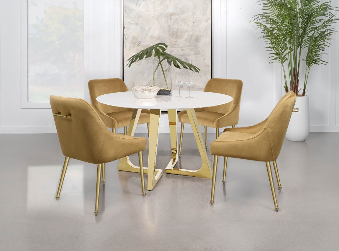 Gwynn 5PC Round Dining Set with Marble Top and Stainless Steel Base White and Gold