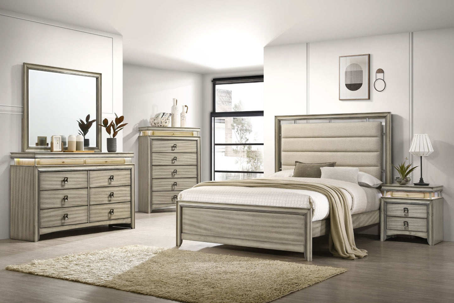 Giselle King Panel Bedroom Set With Upholstered Headboard Rustic Beige